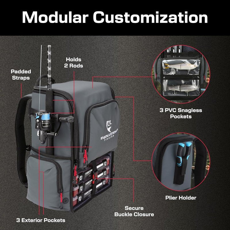 Largemouth Fishing Tackle Backpack - Modular Dividers & Rod Holders | Heavy Duty Design with Quiklatch Tackle Trays