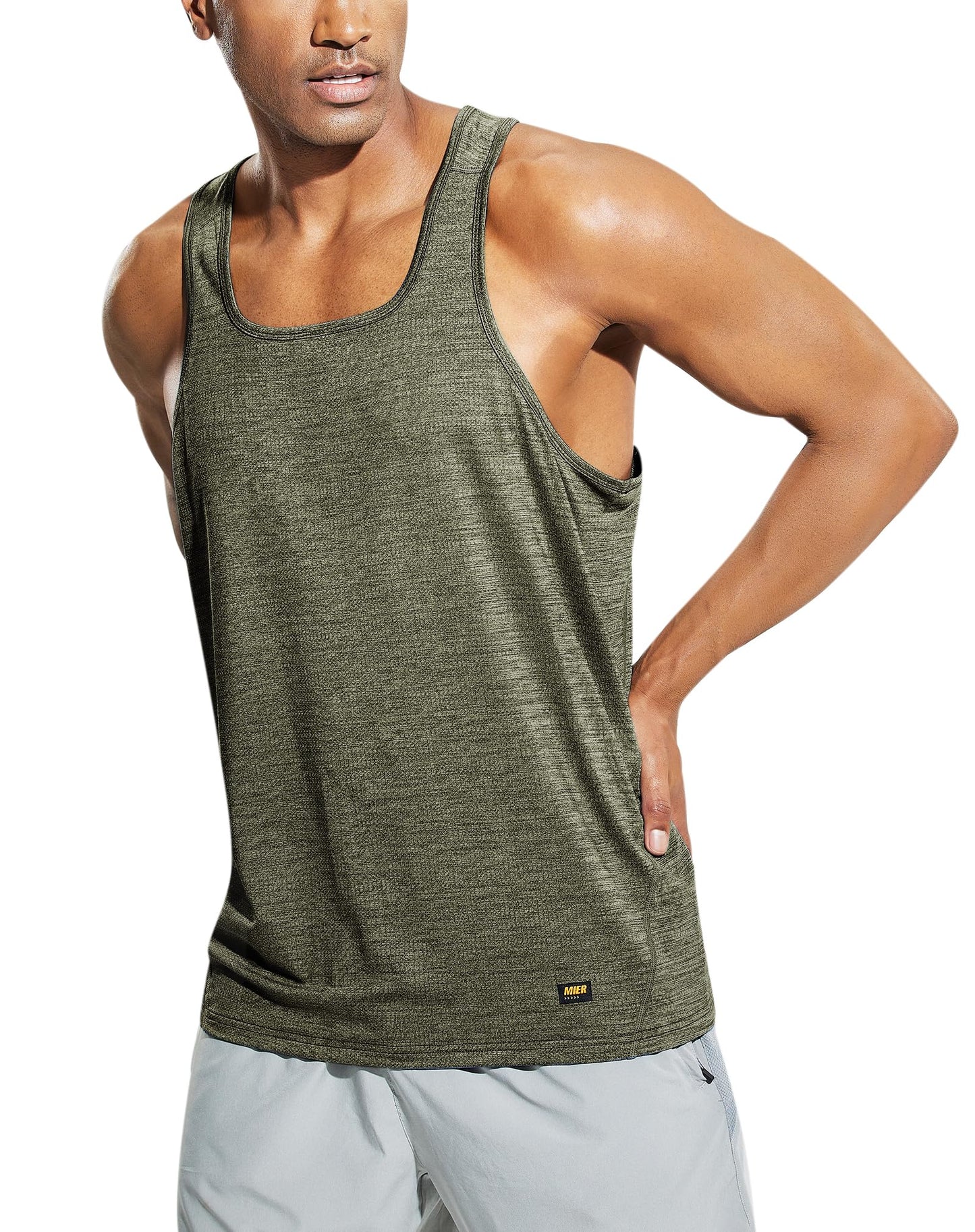 MIER Moisture Wicking Sleeveless Shirts for Men Quick Dry Workout Tank Tops for Running Outdoor Fitness, Heather Army Green, XL