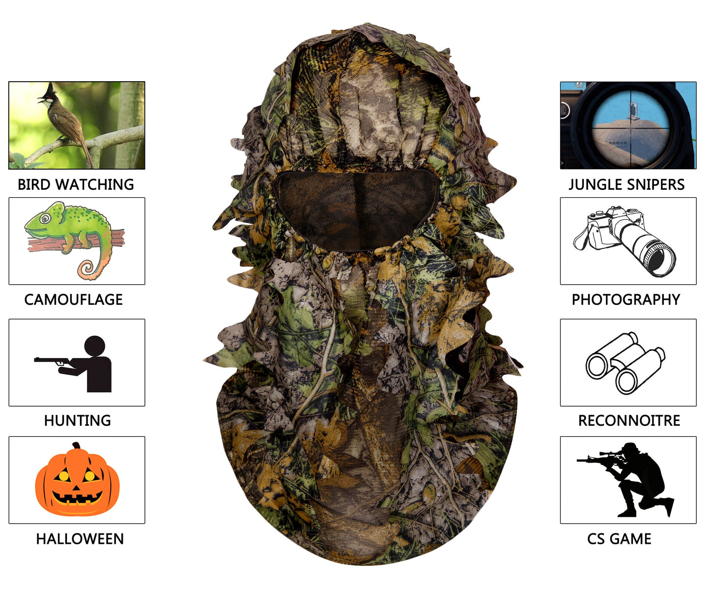 3 Pack Ghillie Camouflage Leafy Hat, Ginsco 3D Full Face Mask for Men Camo Headwear Face Cover for Outdoor Hunting Photography