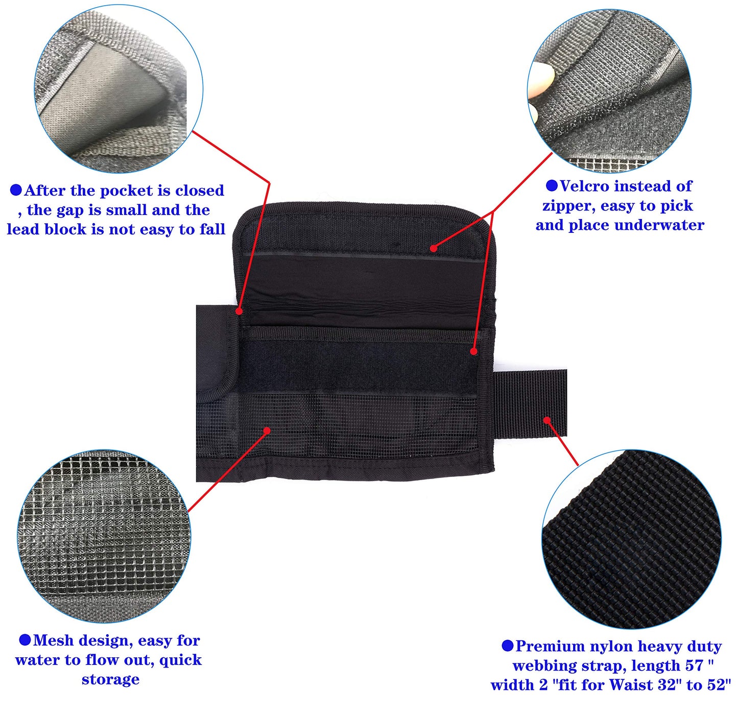 MOOCY 4 Neoprene Pocket Scuba Weight Belt，dive weight belt fit for Waist 32" to 52" - Quick-Release Buckle（Black)