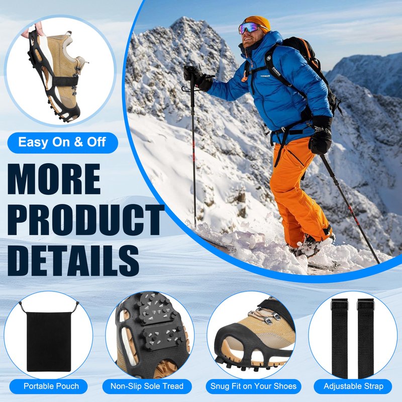 Ice Cleats, Crampons Ice Cleats for Shoes and Boots Men Women Kids,Non Slip 28 Steel Shoe Spikes for Snow and Ice Traction Snow Cleats Grippers for Winter Walking Hiking Fishing