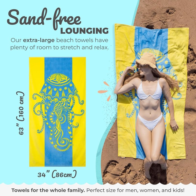 Extra Large Nova Blue Jellyfish Beach Towel - Tropical Blue & Yellow Design | 100% Cotton, 34”x63”