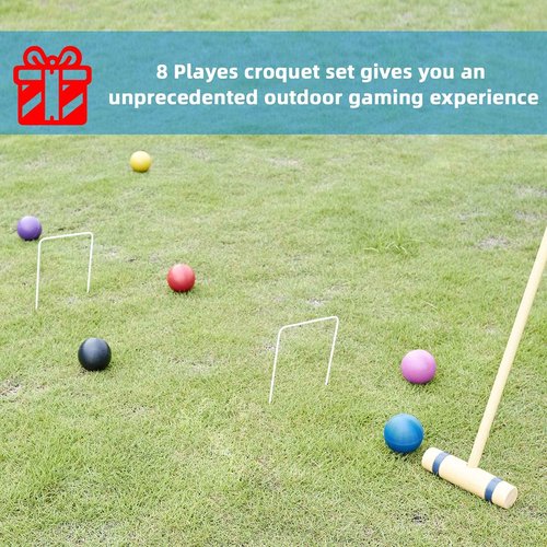 SpeedArmis 28In Croquet Party Set for 8 Players - Made of Long-Lasting Pine Wood, Family Fun for Backyards, Camping and More, Comes with Colorful Mallets, PE Balls, Wickets, Stakes, and Carrying Bag