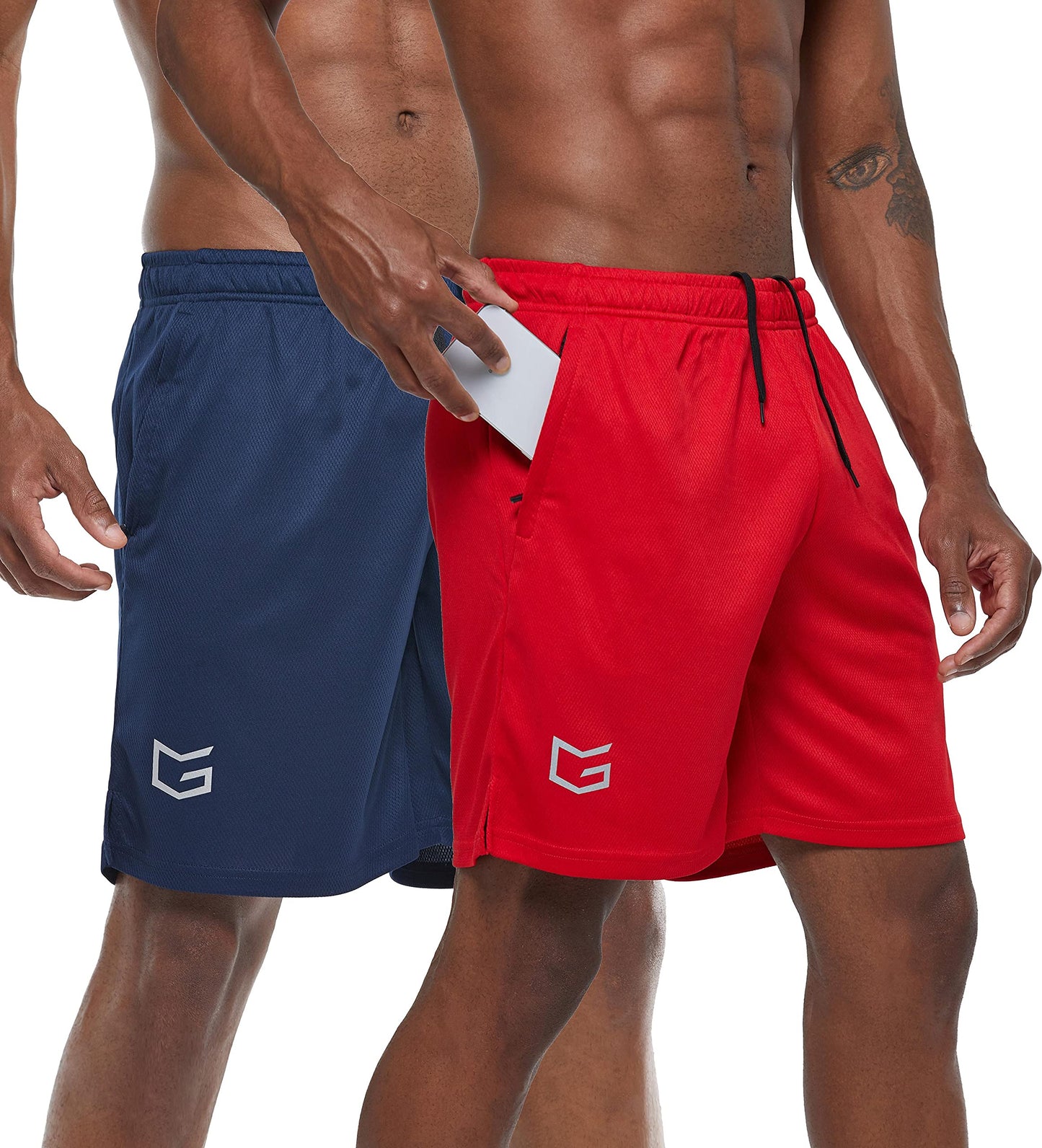 G Gradual Men's 2 Pack 7" Workout Running Shorts Quick Dry Lightweight Gym Shorts with Zip Pockets (2 Pack: Navy Blue/Red X-Large)