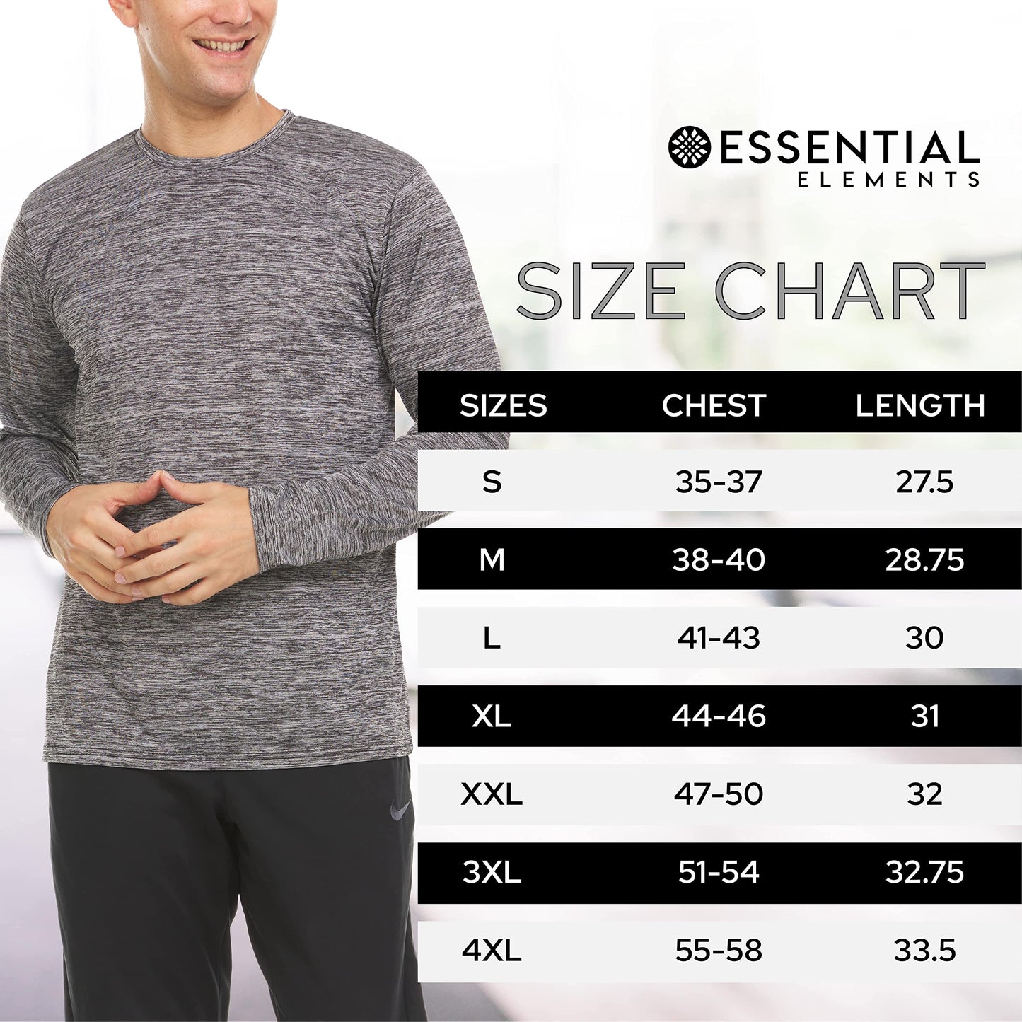 Essential Elements Mens Active T-Shirt - Quick-Dry Athletic Workout Training Crew Neck Long Sleeve Top 5 Pack