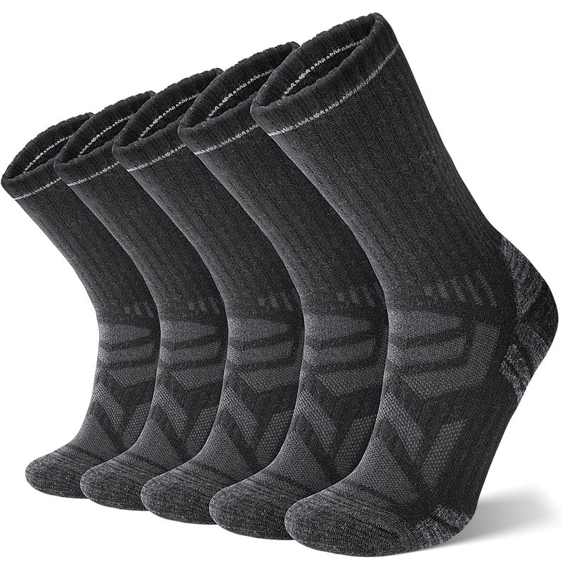 ANTSANG Merino Wool Hiking Socks, Enhanced Breathability, Targeted Cushion Thermal Socks for Men and Women, 5 Pairs(Black, L)