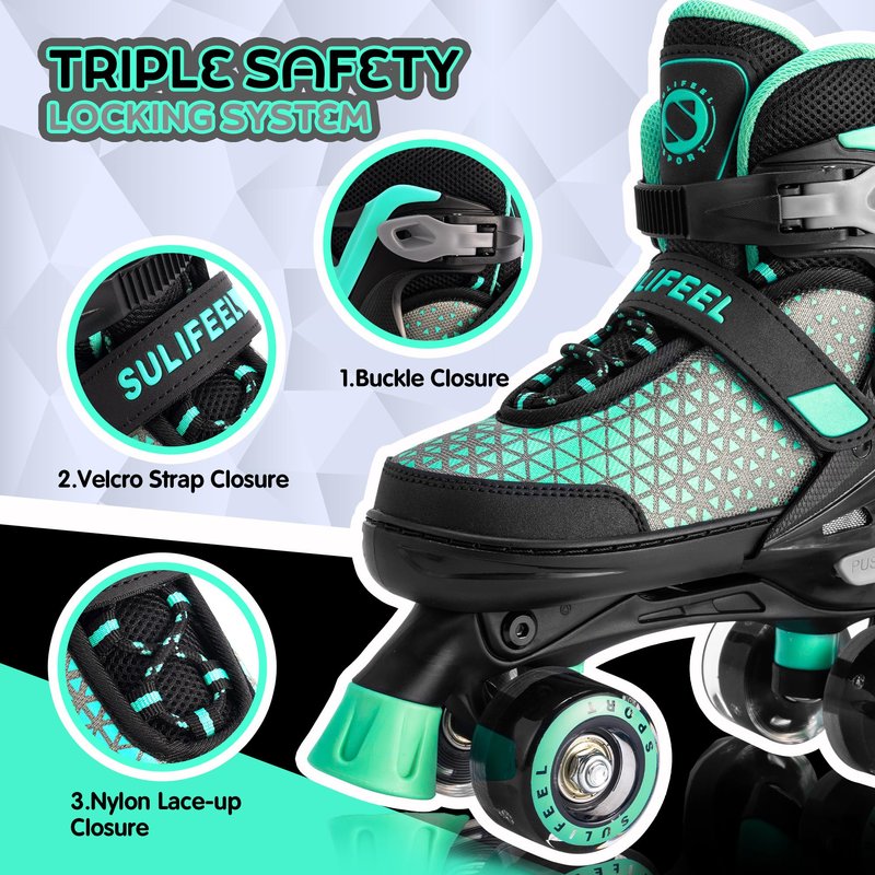 SULIFEEL 4 Sizes Adjustable Roller Skates for Kids, Quad Skates with Light up Wheels, Safe Fun Children Big Kids Skates for Ages 5-8, Best Gift for Beginners Outdoor Skates Sports (Mint Green, Medium)