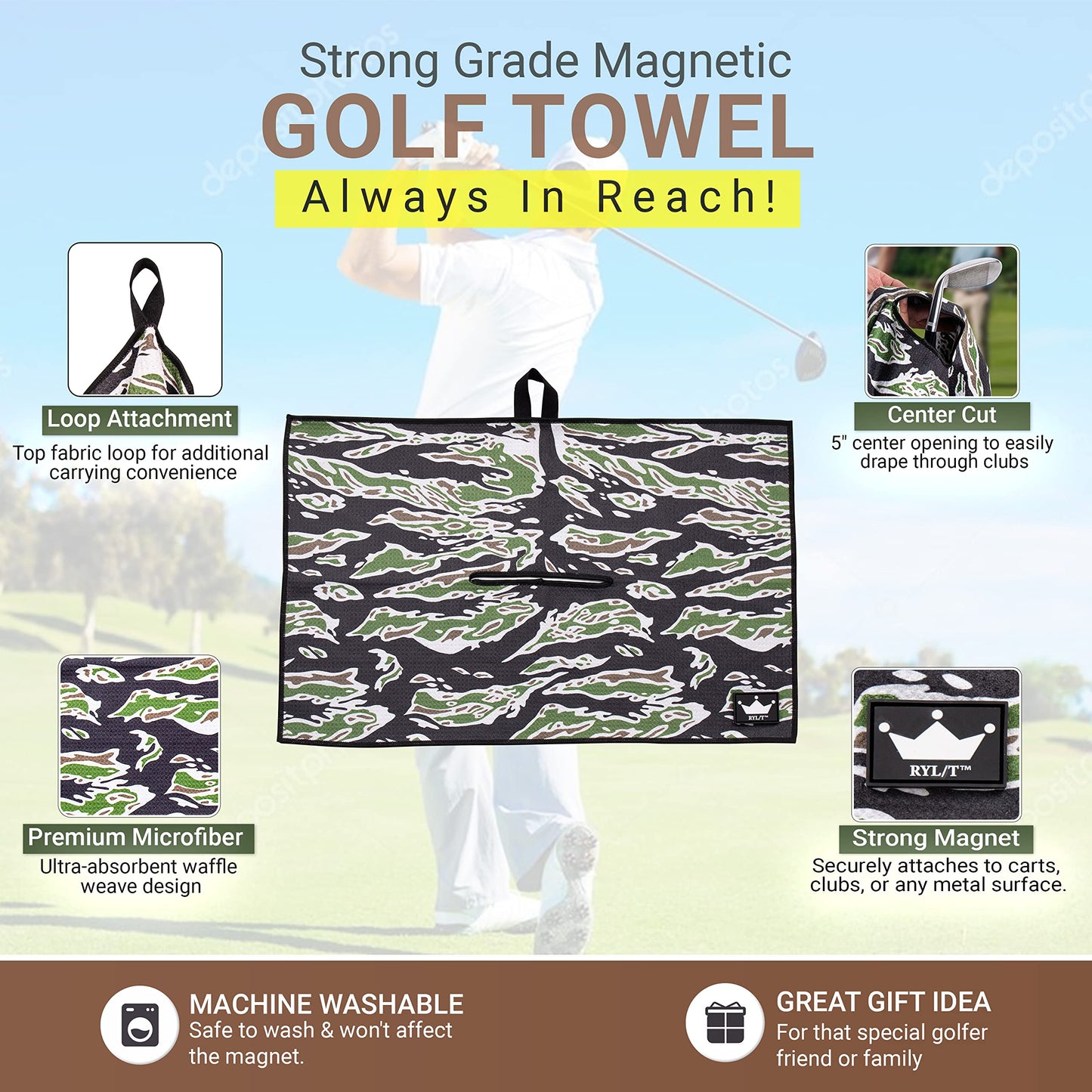 RYL/T Magnetic Golf Towel with Center Cut and Loop Attachment, Strong Magnet Attaches to Anything Metallic, Perfect Golf Bag or Cart Accessory
