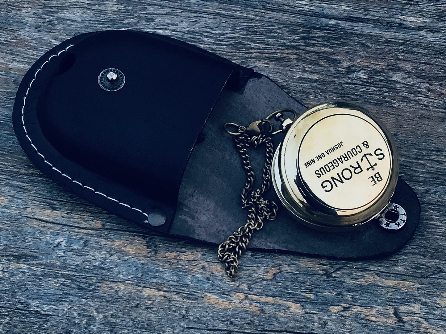 KNB HANDICRAFT Brass Engraved Pocket Compass with Leather Case | Be Strong and Courageous Gift Compass, Push Button 5 cm Confirmation Ideas, Baptism Gifts