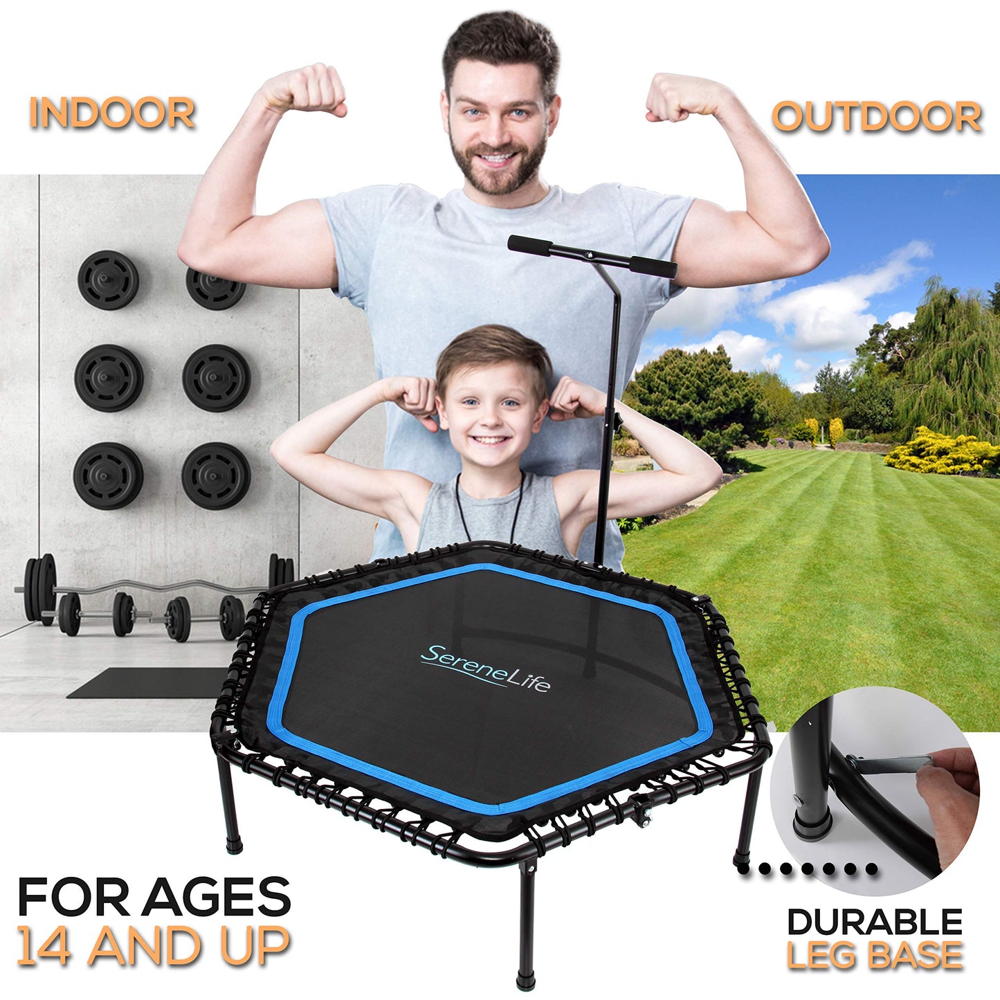 Fitness Exercise Rebounder Mini Trampoline - 48" Inch Hexagonal Jump Exercise Equipment Mini Trampoline for Adults - Rebounders Mini Trampolines for Adults with Bar Handle - SereneLife SLELT518 , Black