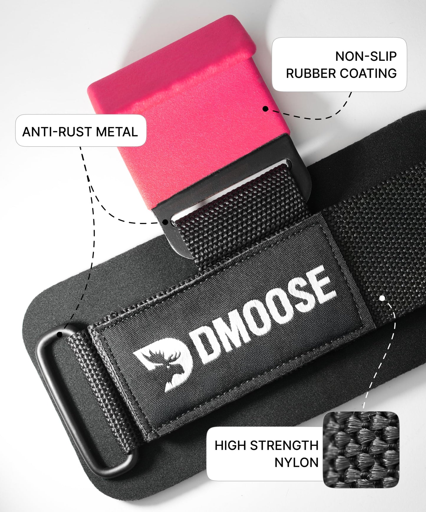 DMoose Fitness Weightlifting Hooks (Pair), Non-Slip Grip with 500 Lbs Capacity, 8mm Thick Wrist Padding - Weight Grips for Shrugs, Rows & Deadlifts - Gym Workout Straps with Pull Up Hooks (Pink)