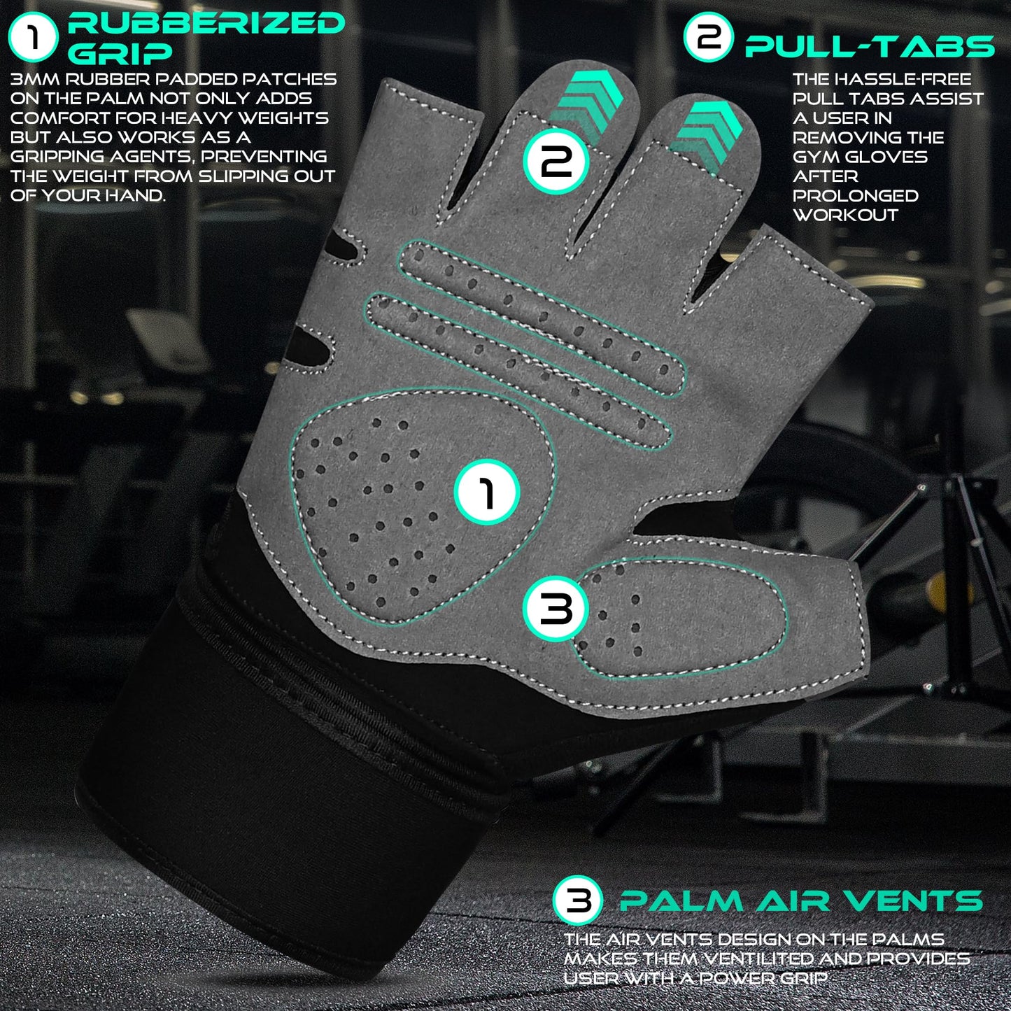 WESTWOOD FOX Gym Gloves Fitness Training Anti Slip Shock-Absorbing Weight Lifting Gloves Padded Grip Breathable Fingerless Workout Support for Men Women Cycling Exercise (Long Wristband, M)
