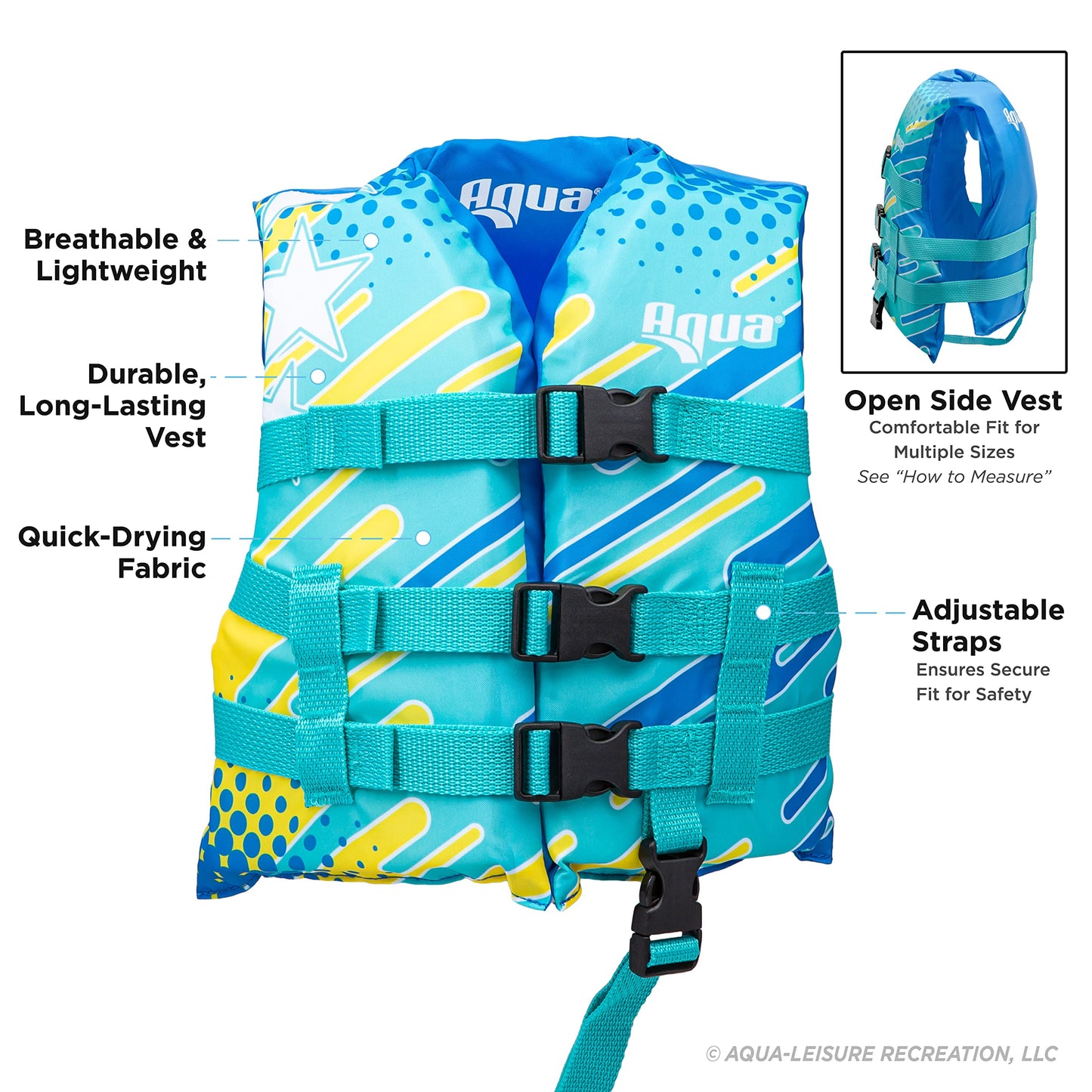 Aqua Oceans 7 Life Jacket for Kids - US Coast Guard Approved Life Vest for Infant, Child & Youth Boys and Girls, Open-Side PFD for Boating, Swimming & Water Sports, Child 30-50 Lbs, Seafoam