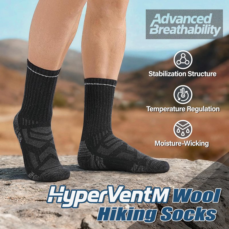 ANTSANG Merino Wool Hiking Socks, Enhanced Breathability, Targeted Cushion Thermal Socks for Men and Women, 5 Pairs(Black, L)