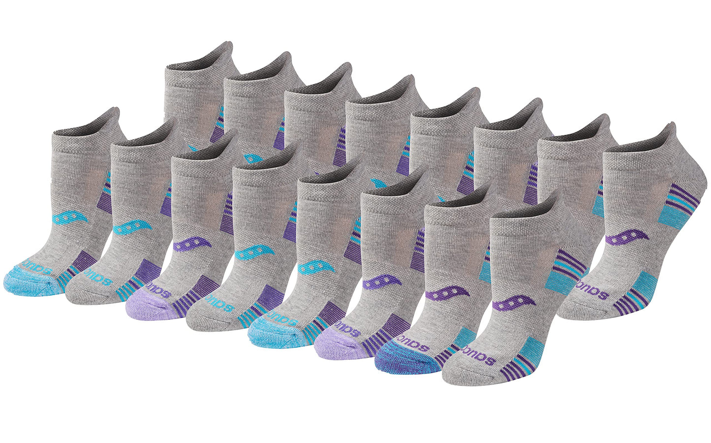 Saucony Women's RunDry Performance 8, 16 Pairs Heel Tab Athletic Socks, S-L, Grey Heather Blue Assorted (16 Pairs), Large