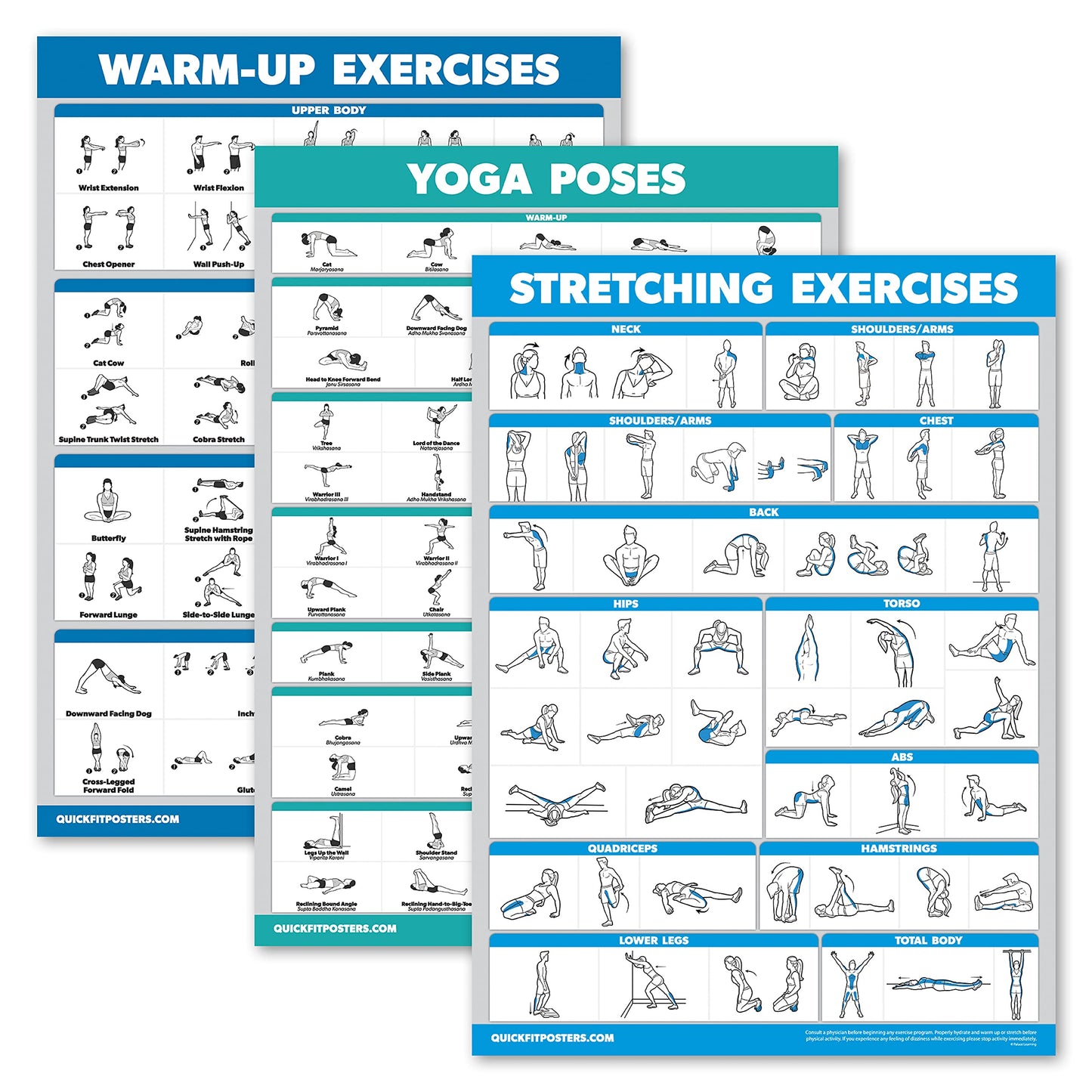 Palace Learning 3 Pack - Warm Up Exercises + Stretching Exercises + Yoga Workouts - Set of 3 Workout Charts (LAMINATED, 18” x 24”)