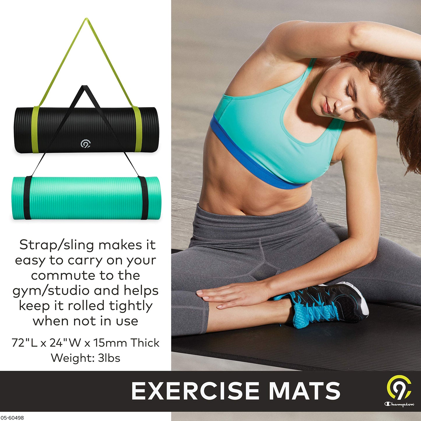 C9 Exercise Mat - 15mm Thick Yoga Mat | Workout Mat for Fitness, Yoga, Pilates, Stretching & Floor Exercises for Women & Men| Includes Carrying Strap (72" L x 24" W x 15mm) - Teal