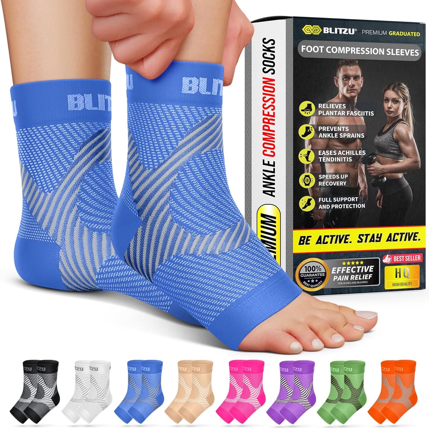 Compression Socks for Plantar Fasciitis & Achilles Tendonitis - Ankle Brace with Arch Support | Blue S-M