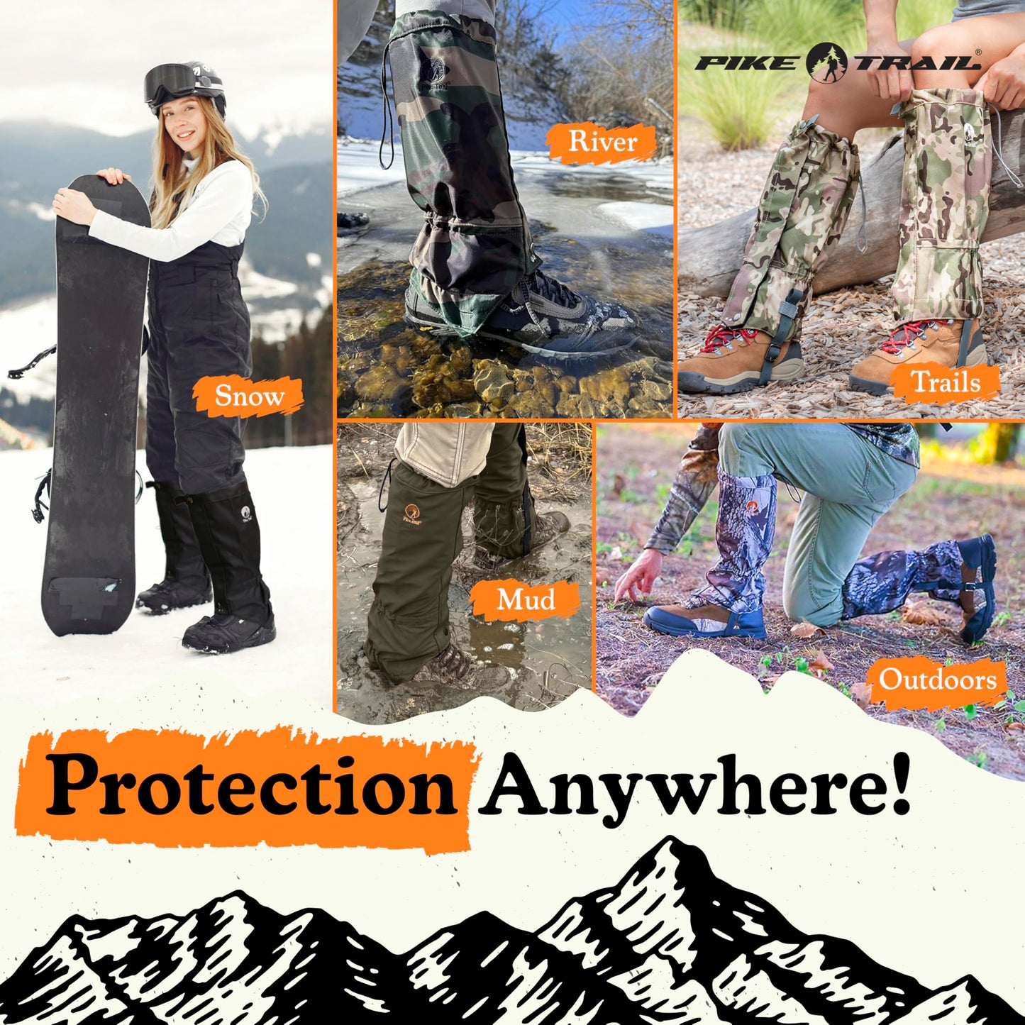 Pike Trail Adjustable Leg Gaiters - Lightweight, Waterproof - Leg Guards for Men & Women - Hiking Essentials Ideal for Hunting, Trekking & Fishing - Black - 1 Pair
