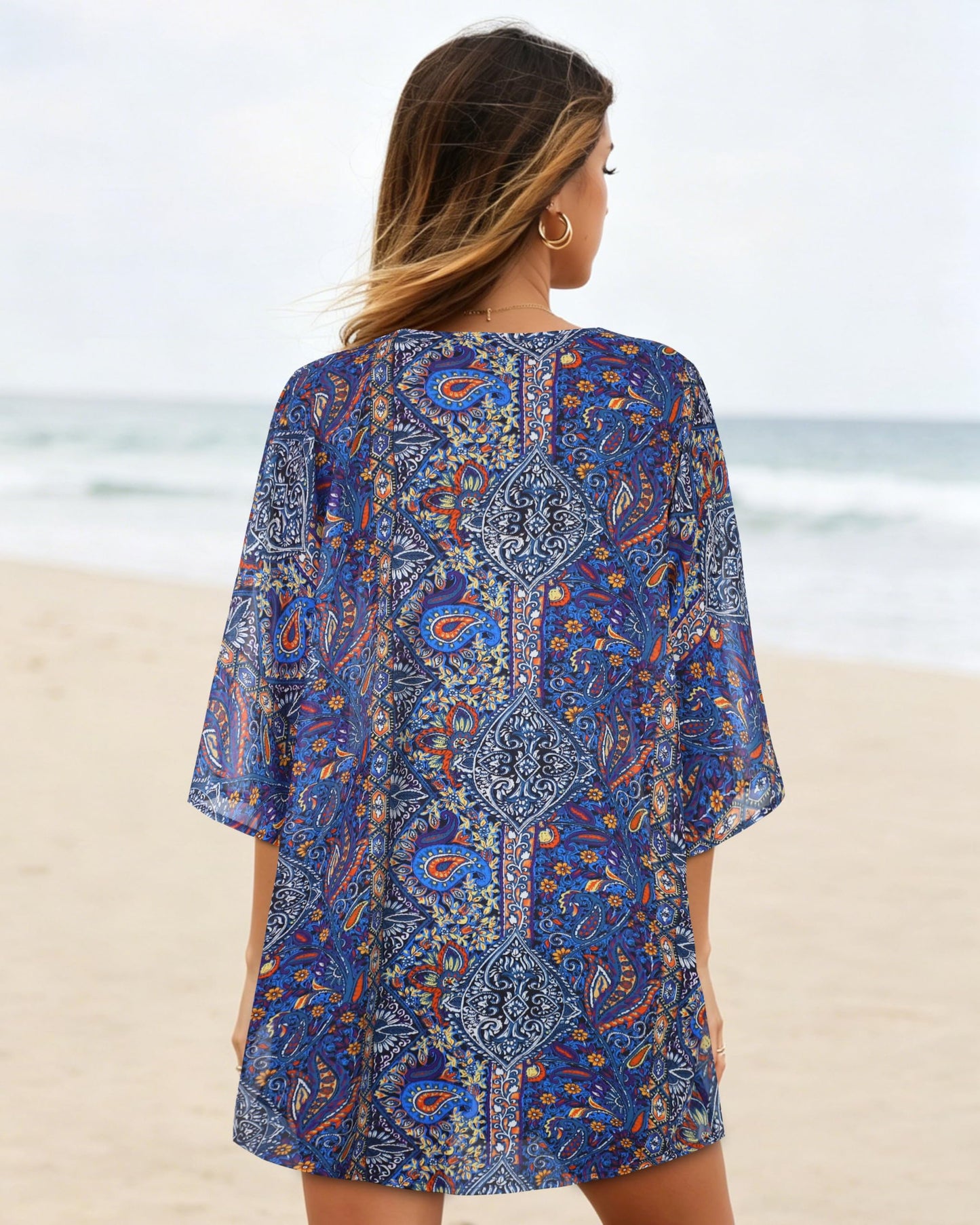 Women's Floral Kimono Print Puff Sleeve Loose Cardigan Cover Up Casual Blouse Tops (Purple Boho, S)
