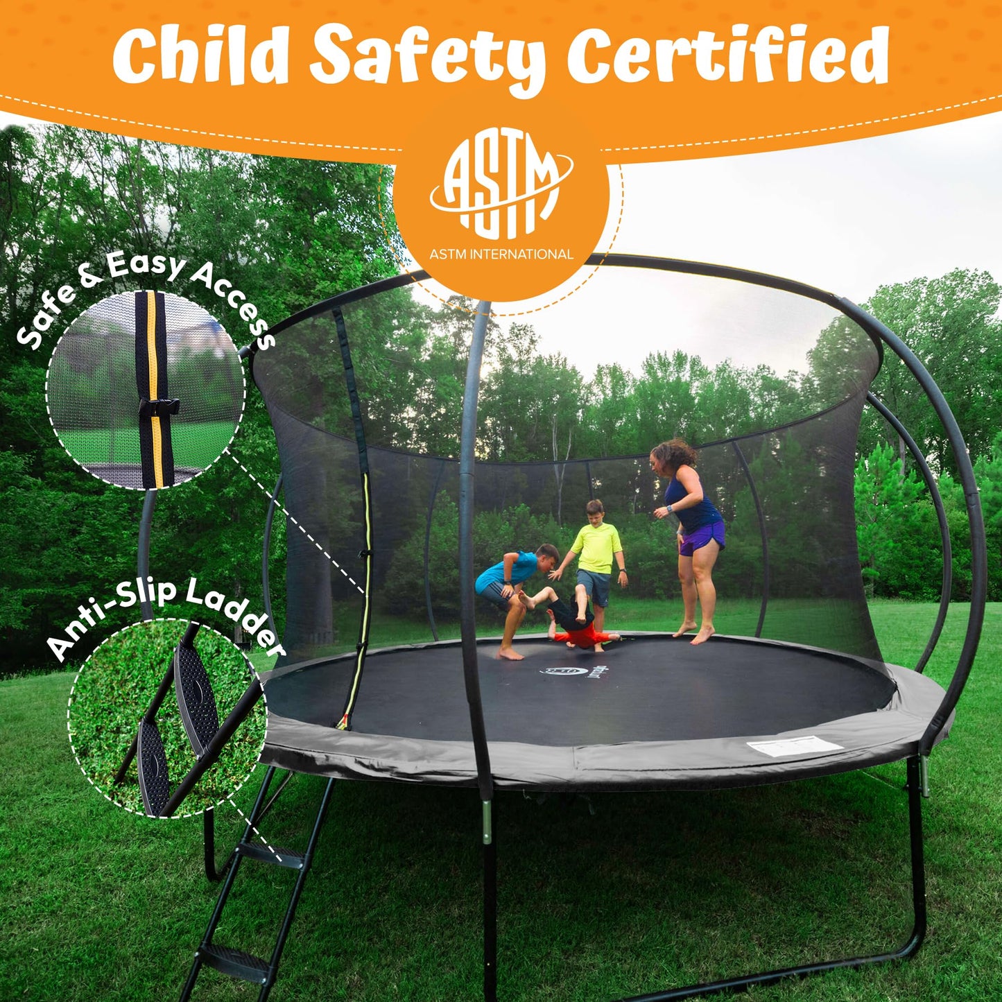JUMPZYLLA Trampoline Outdoor 8FT 10FT 12FT 14FT 15FT 16FT with Enclosure, Non-Slip Ladder & Anti-Rust Coated Frame, ASTM Approved Recreational Backyard Large Trampoline with Net for Kids & Adults