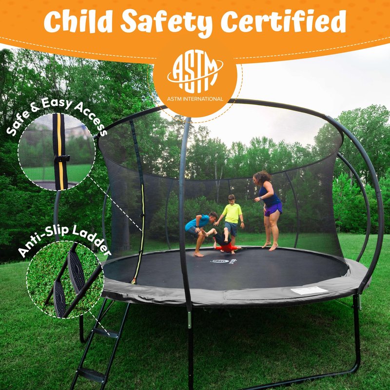 JUMPZYLLA Trampoline Outdoor 8FT 10FT 12FT 14FT 15FT 16FT with Enclosure and Ladder, ASTM Approved Recreational Trampoline for Kids and Adults, Anti-Rust Coated Frame (Gray, 8FT)