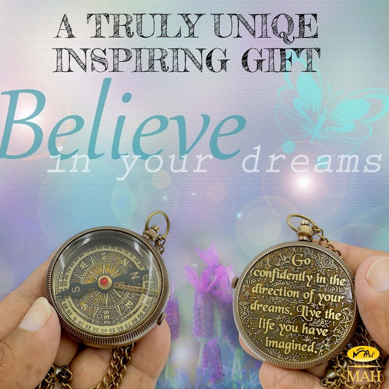 True North Compass – Go Confidently in the Direction of Your Dreams – Embossed Brass Compass – Graduation, Confirmation, Birthday, Motivational Gift for Him, Her, Students, Boys, Girls, High School