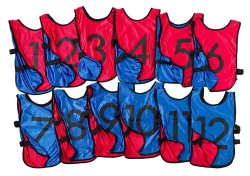 LVL10 Pro Sports Pinnies - Reversible Numbered Pinnies with Premium Fabric, Comfortable Fit and Fade-Resistant Print - Adults Kids (Large, 12 pack (1-12), Red/Blue)