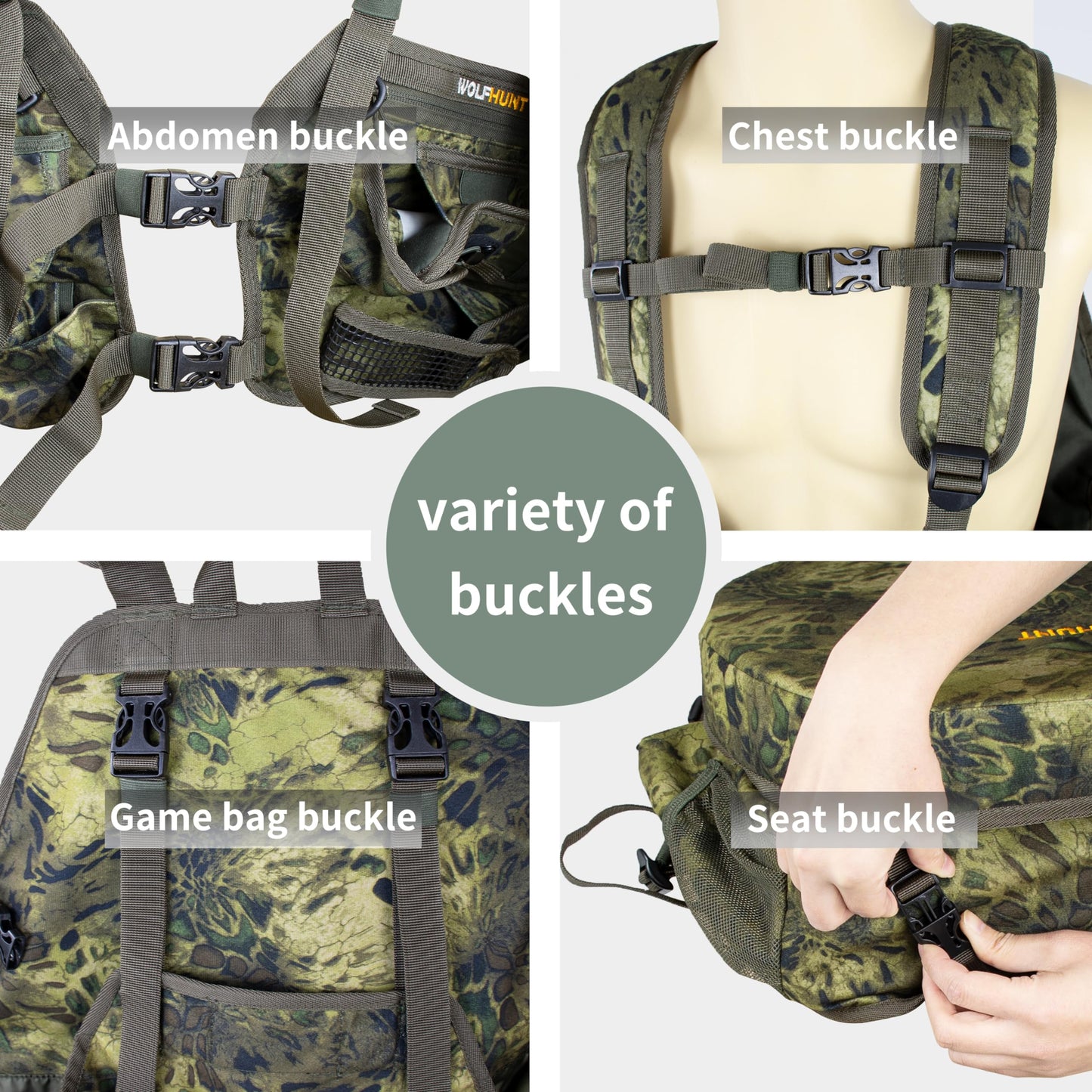 WOLFHUNT Turkey Vest with Seat Magnetic, Hunting Vest for Turkey with Large Game Bag, Extensive Adjustability & Multi-Function Pocket, Woodlands
