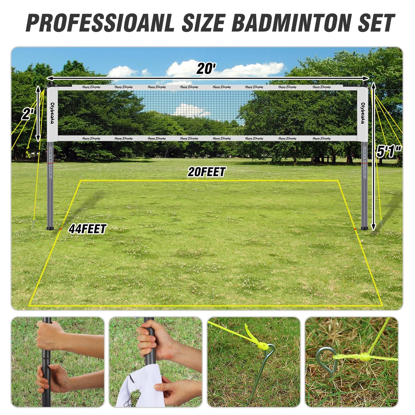 Portable Outdoor Badminton Net Set System for Backyard Lawn Beach, with Durable Net, 4 Carbon Aluminum Rackets, 3 Birdies and Carrying Bag