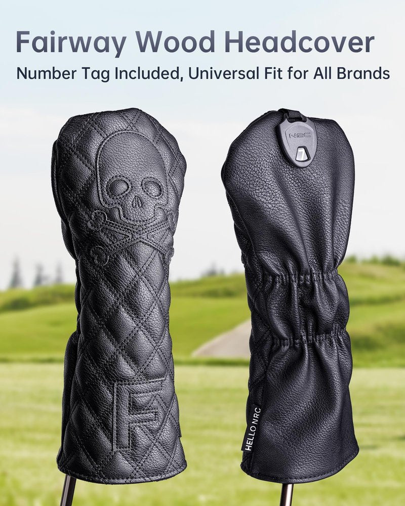 Golf Club Covers – Driver Headcover, Black Skull Leather, Fairway Wood & Hybrid, 3 Wood Headcover, Waterproof Easy-Clean, Universal Fit