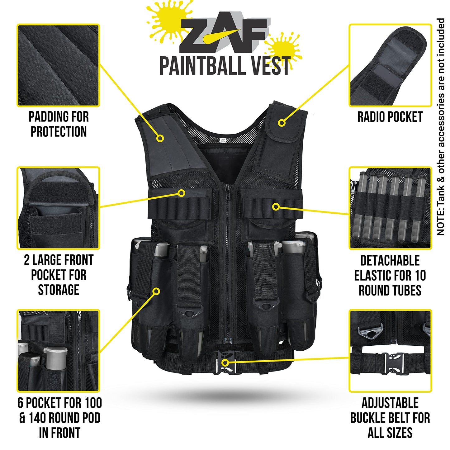 9 pod Paintball/Tactical Vest with Barrel Pouch and Neck protector Unisex Combat vest with Adjustable Sides and Shoulder to Fit all