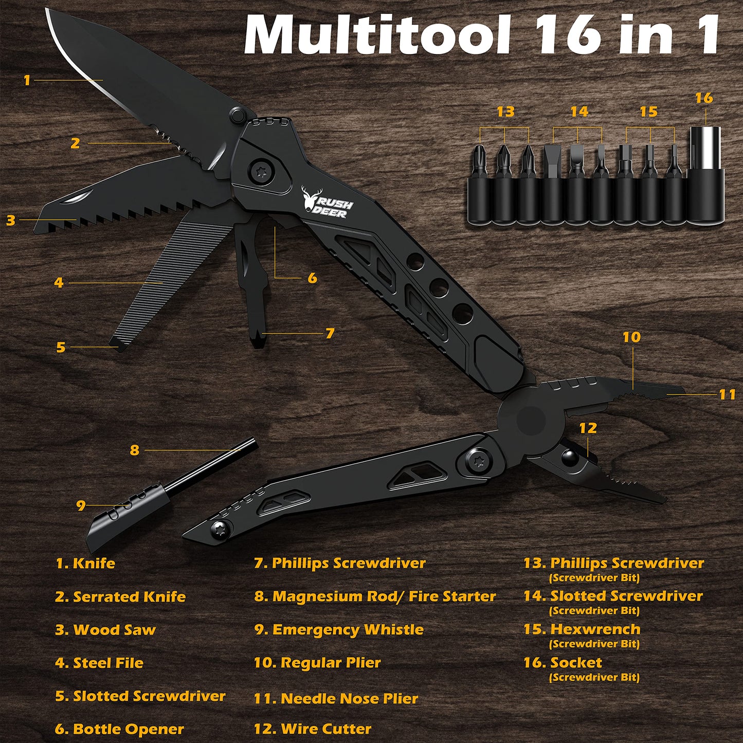 Multitool Knife Camping Survival Knife Unique Gifts for Men Dad Husband 16 in 1 Pocket Multitools Knife Pliers Screwdrivers Bottle Opener, Multi Tool Gadgets with Safety Lock Nylon Sheath