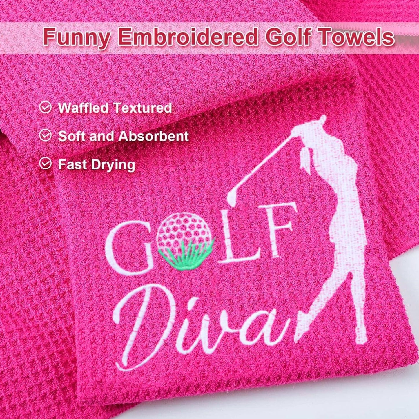 Aikiprety Funny Golf Towel Embroidered Golf Towels for Bags with Clip, Golf Gifts for Men Women, Golf Accessories Christmas Birthday Gift for Fan, Golf Diva Red