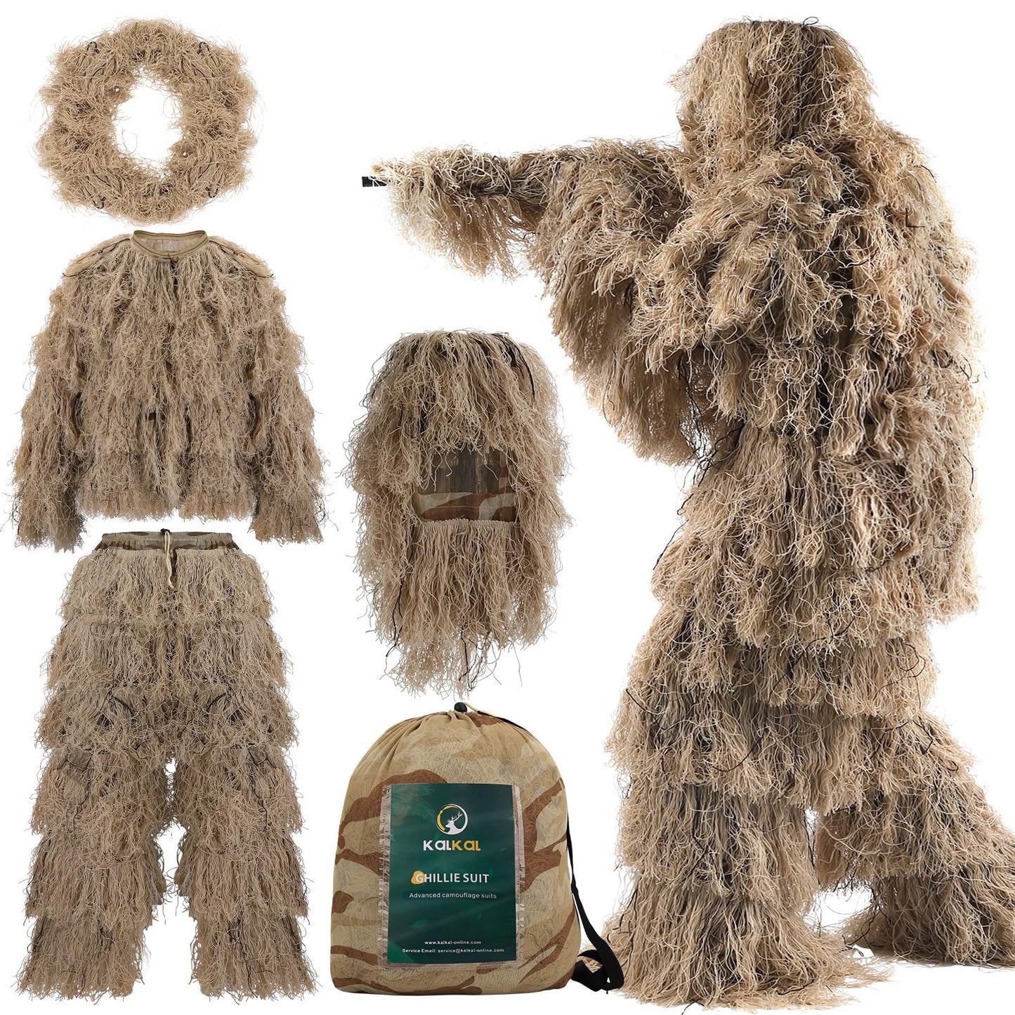 Kalkal Ghillie Suit for Men, 5 in 1 3D Camouflage Hunting Apparel for Men, Double-Stitched Design | Dry Grass, Adults Youth Gilly Suit for Jungle Hunting Wildlife Photography Halloween