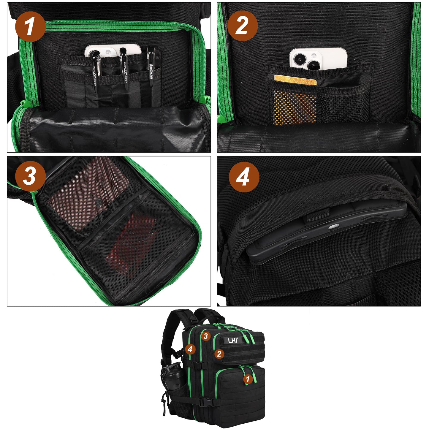 LHI Tactical Military Backpack for Men and Women 25L Army Assault Pack Bag Large Rucksack with Molle System-Black green zipper