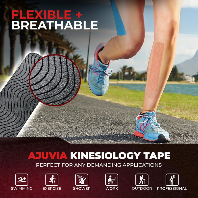 AJUVIA Synthetic Kinesiology Tape, 2 Rolls, 10% Bonus, 40 + 4 Precut Strips, Lasts up to 14 Days, Hypoallergenic and Waterproof K Tape for Muscle Pain Relief and Joint Support