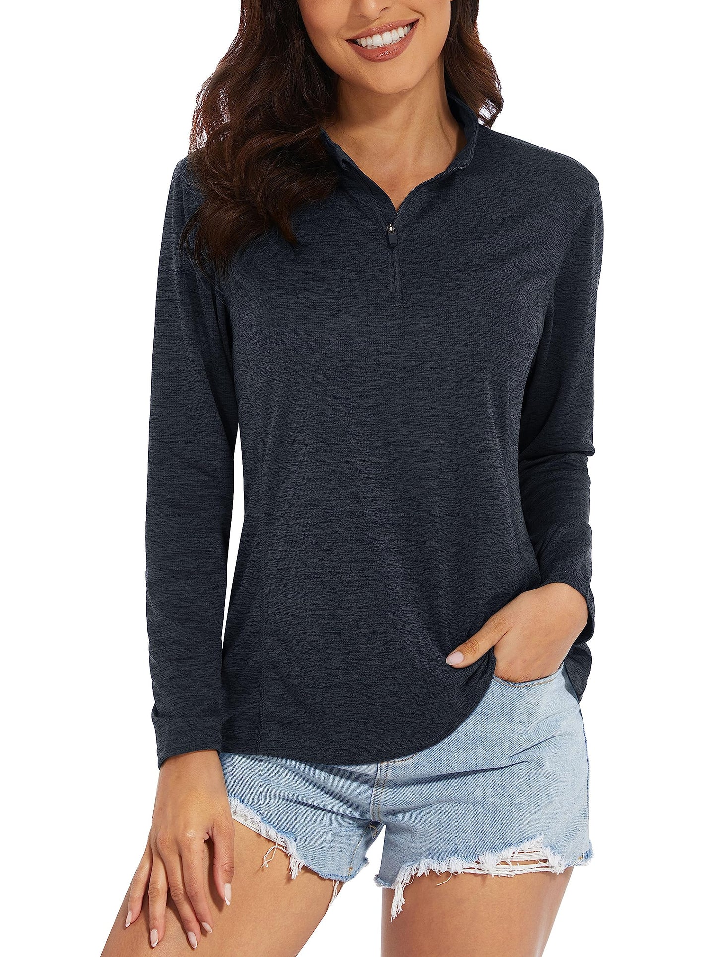 MAGCOMSEN Womens Long Sleeve Shirts 1/4 Pullover Workout Tops for Women Sun Protection Hiking Athletic Shirts Black M