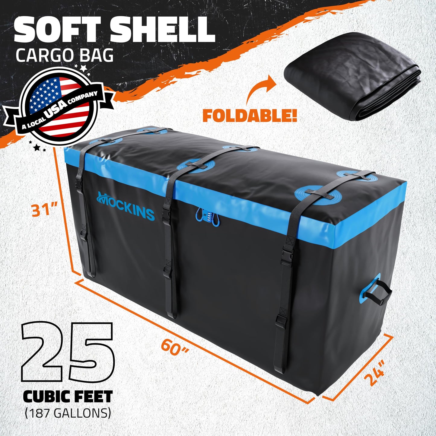 Mockins 25 Cu Ft Large Trailer Hitch Cargo Carrier Bag | 60"x24"x31" Waterproof Cargo Bag for Hitch Carrier & Truck Bed | Weatherproof Vinyl Vehicle Soft-Shell Carriers Set w/Straps, Lock & Carry Case