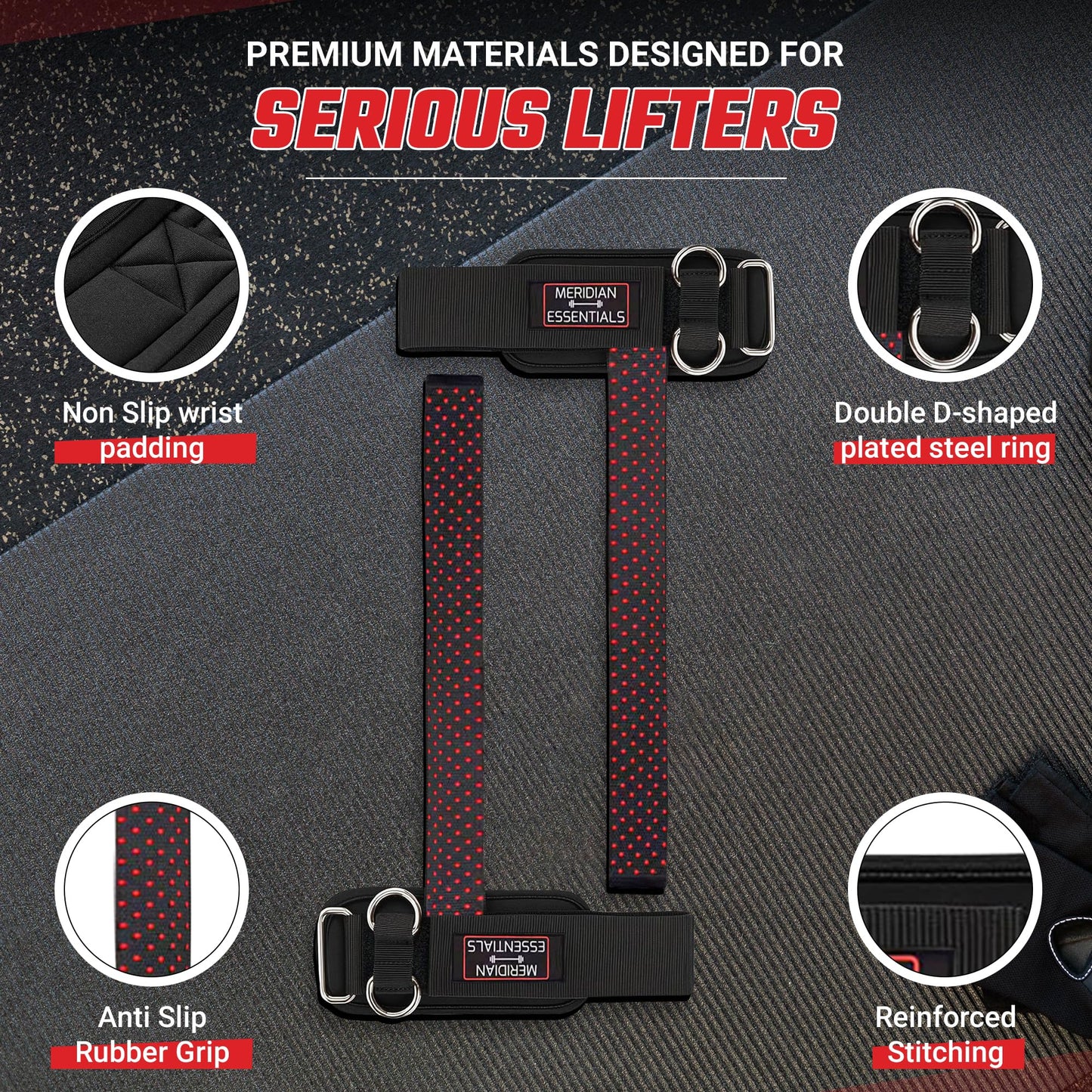 Meridian Essentials Weightlifting Straps with D-Ring – Heavy-Duty Lifting Straps with Cable Attachment, Neoprene Wrist Padding & Non-Slip Grip for Deadlifts, Rows, Cable Workouts & Pull Exercises - Black