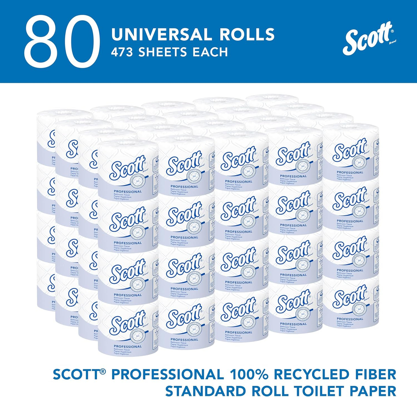 Scott Professional 100% Recycled Fiber Toilet Paper - 2-Ply, Individually Wrapped, 80 Rolls (37,840 Sheets)