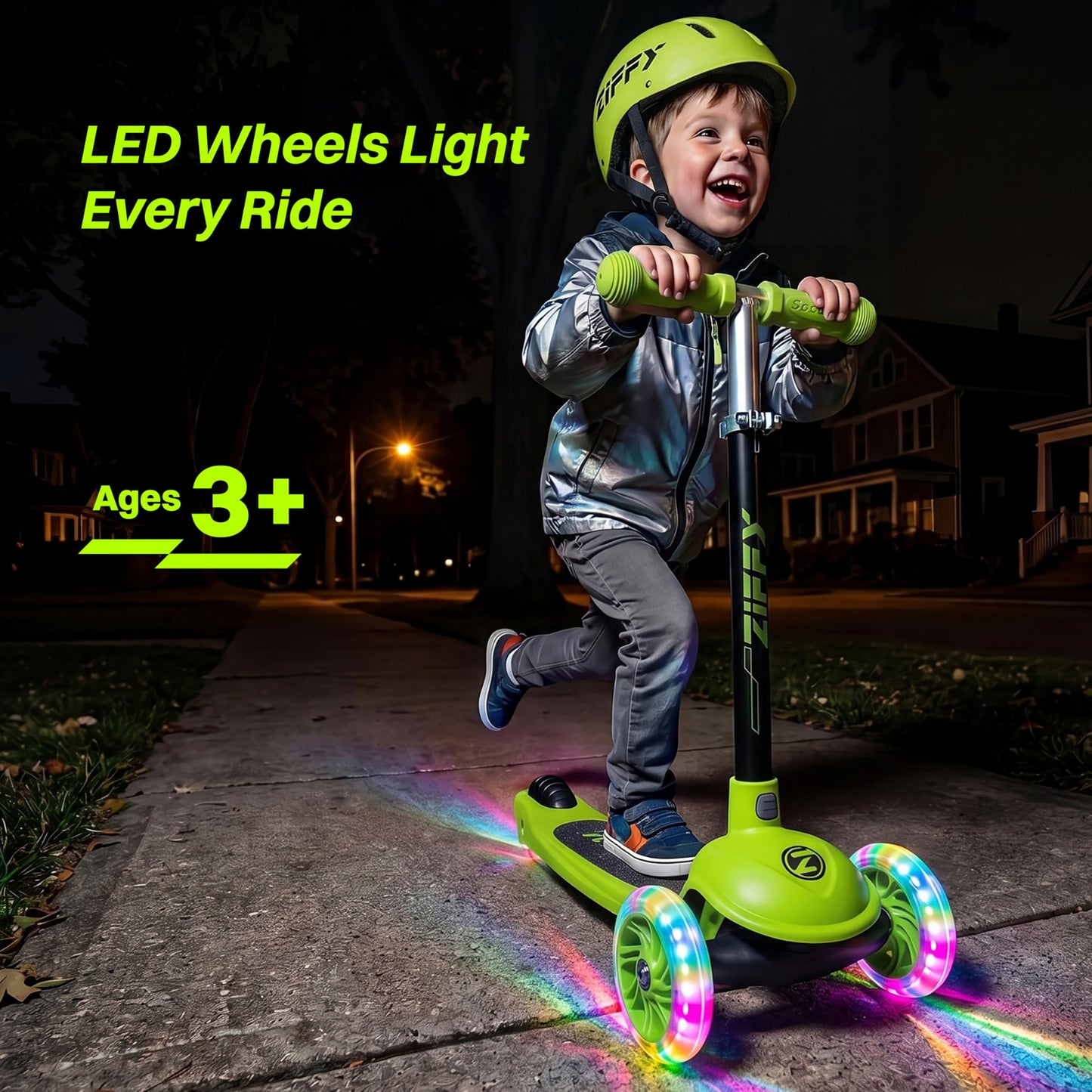JOVA ZIFFY 3 Wheel Scooter for Kids 3-5, Toddler Kick Scooters with LED Light-Up Wheels for Boys and Girls, 5 Adjustable Height and Lean-to-Steer Design, Support up to 110 lbs, Green