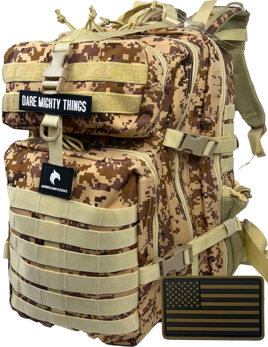 AMERICANPHOENIX 45L Elite Tactical Backpack | 3X Stronger Work & Military Backpack | Water Resistant and Heavy Duty | 3 Day MOLLE Bug Out Bag (Sand Storm)