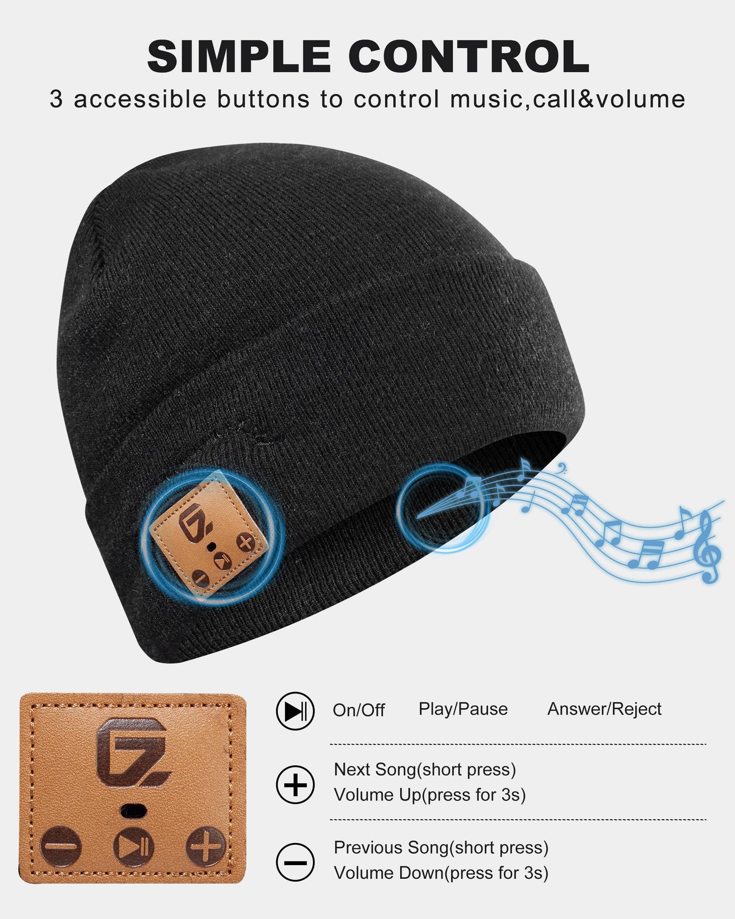 GADIEMKENSD Bluetooth Music Beanie Hat with Built‑in Headphones, Warm Knit Winter Hat for Men Women Teens, Wireless Skull Cap for Running Skiing Sports Tech Stocking Stuffer Black