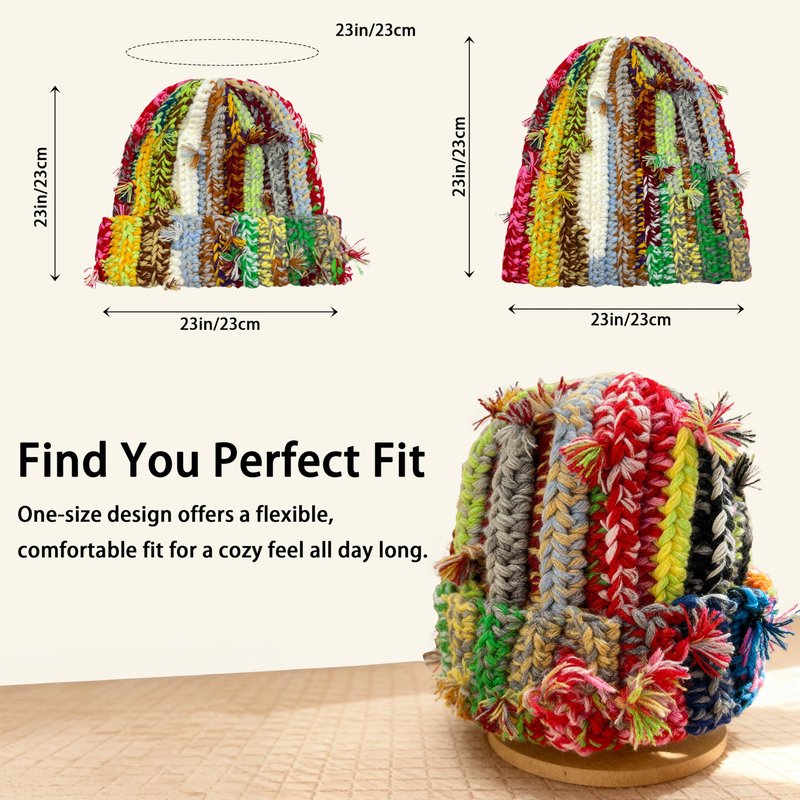 Hshsclth Womens Chunky Crochet Beanie Casual Cuffed Winter Hat with Boho Tassel Knot (US, Alpha, One Size, Multi Color Mixed)
