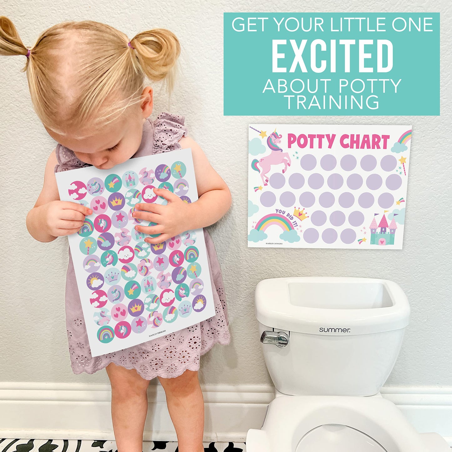 Hadley Designs Potty Training Chart for Toddlers Girls -10 Sticker Potty Chart for Toddlers Girls, 8.5x11" Potty Training Sticker Charts for Toilet Success, Unicorn Toddler Reward Chart for Kids
