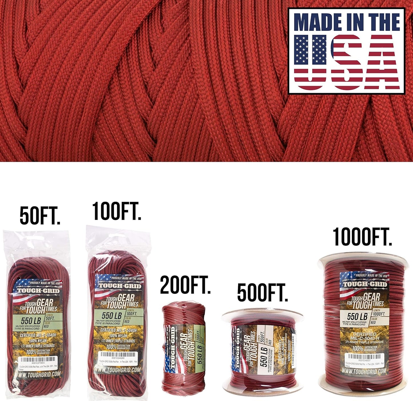 Tough-Grid 550 Paracord Rope - Durable Nylon Parachute Cord for Survival Kits | Tactical Gear & Camping Essentials