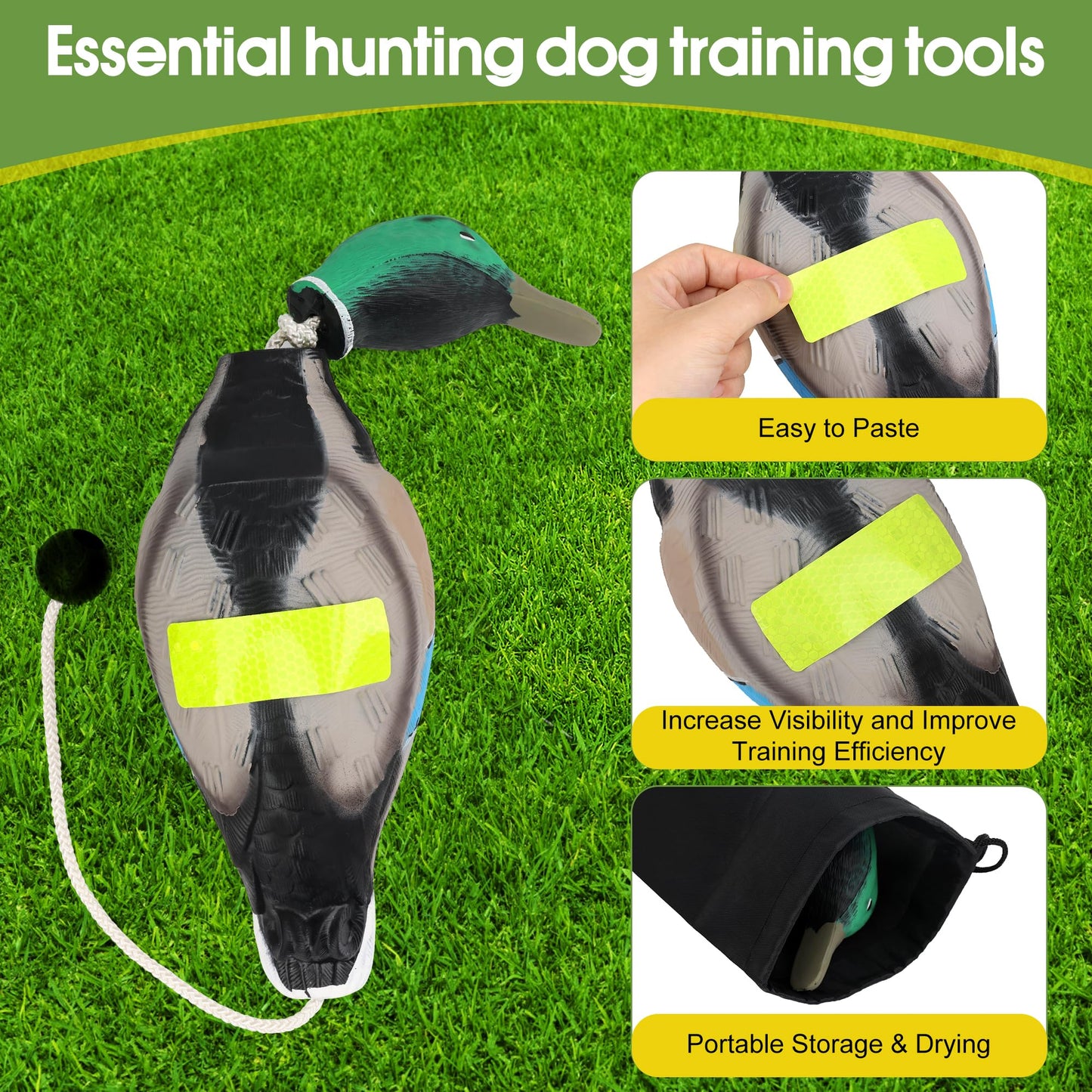 Solaradgy Duck Dummy Bumper for Waterfowl Hunting Retriever Dog Training, Dead Duck Style Floating Scent-Injectable Trainer for Land and Water, Includes Storage Bag & 10 High-Visibility Strips