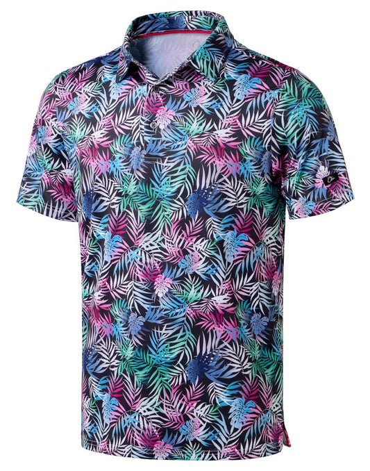 Obla Mens Golf Polo Shirts Short Sleeve Dry Fit Performance Moisture Wicking Casual Print Collared Golf Shirts for Men(Colored Palm Leaves_XXXL)