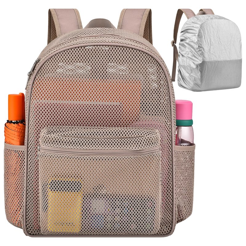Oraben Heavy Duty Mesh Pack With Rain Cover See Through Backpack Mesh Backpack Bookbag Ideal for Class, Work, Travel, Beach Outings (Khaki)